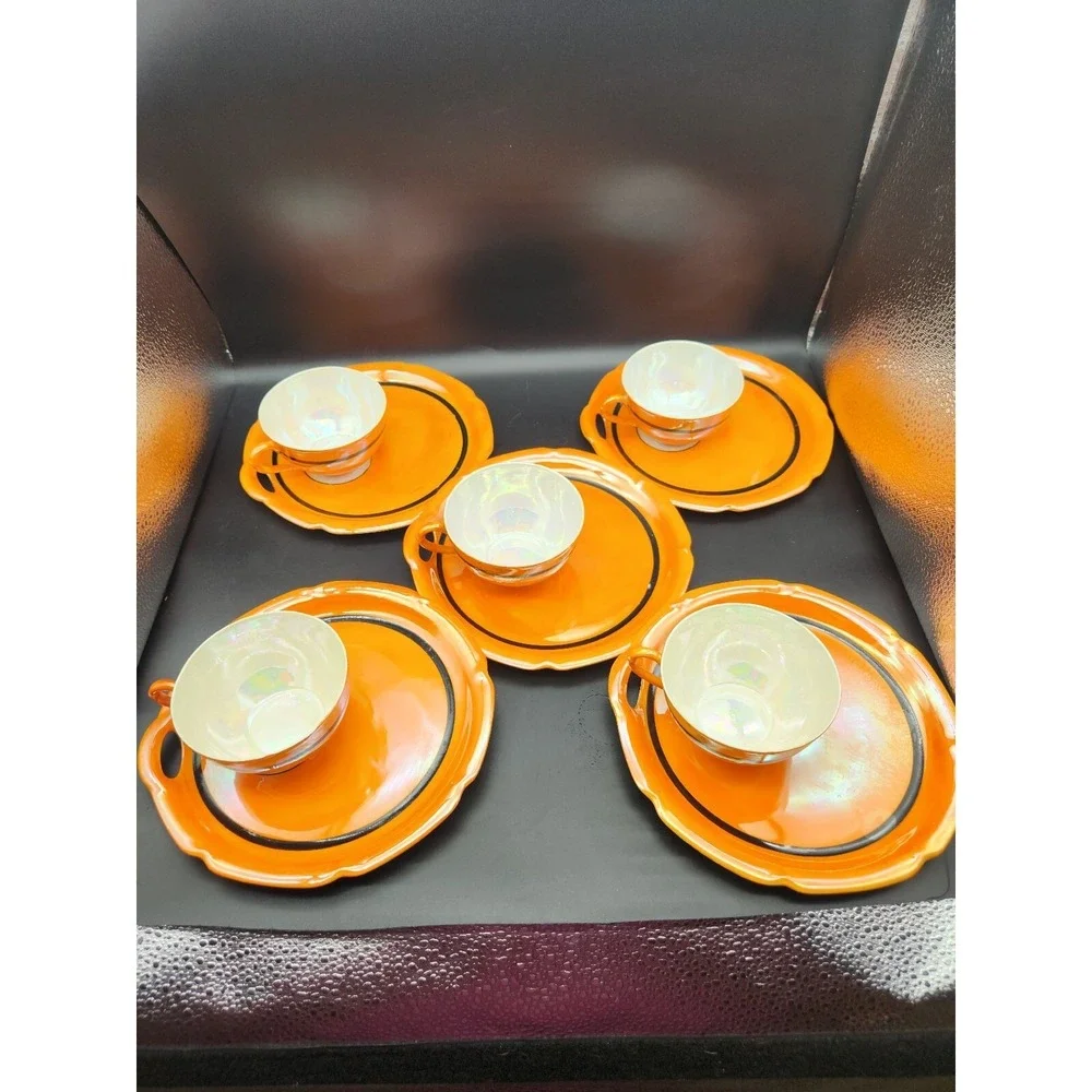 Rudolph Wachter RW Germany Orange Iridescent‎ 5 Porcelain Tea Cups Saucer Plates
